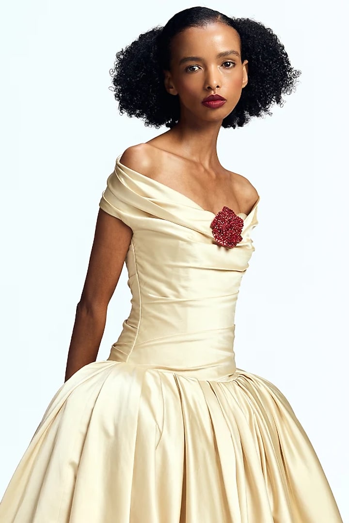 Alabaster White Dutch Satin Off-Shoulder Bridal Gown by Gauri and Nainika at Pernia's Pop Up Shop