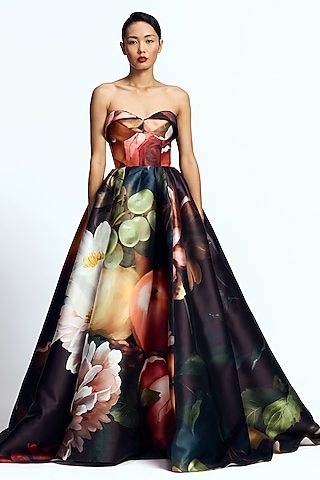 Multi-Colored Mikado Printed Draped Gown by Gauri and Nainika