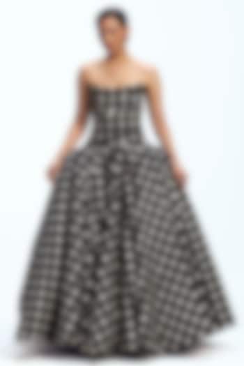 Black Mikado Polka Dot Strapless Draped Bridal Gown by Gauri and Nainika at Pernia's Pop Up Shop
