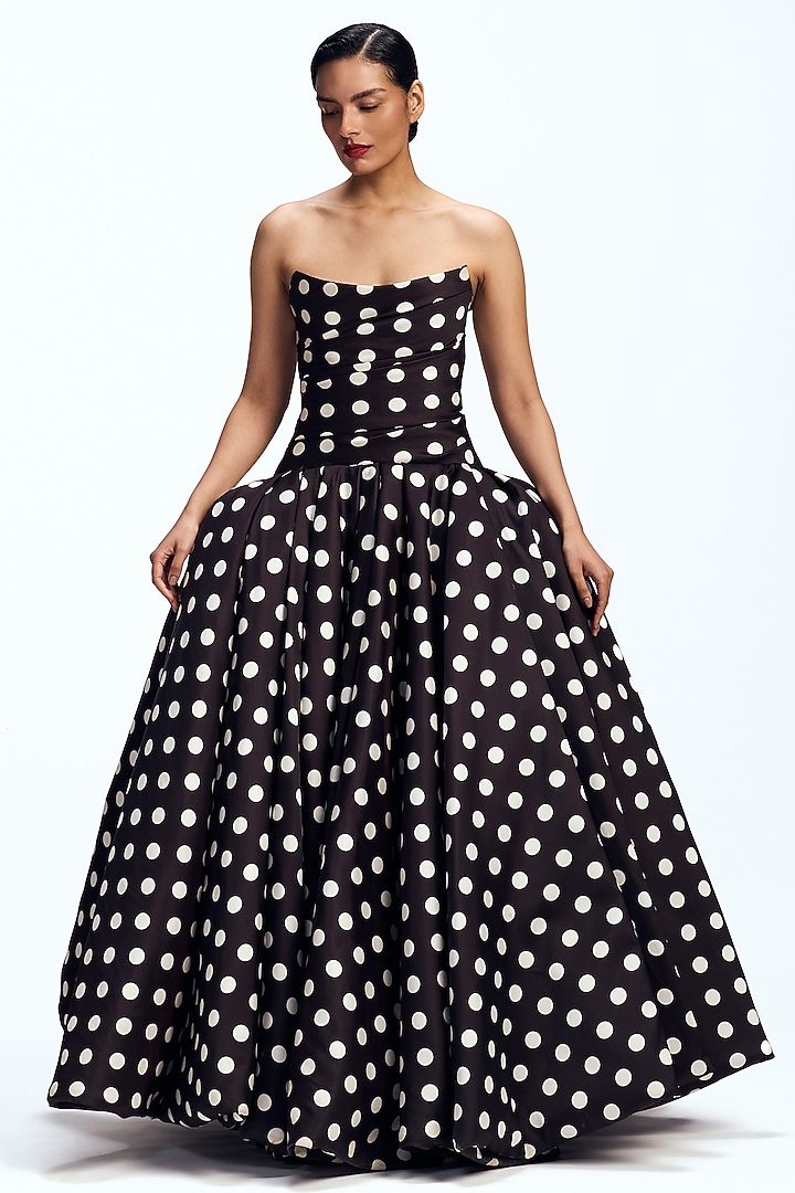 Black Mikado Polka Dot Strapless Draped Bridal Gown by Gauri and Nainika at Pernia's Pop Up Shop
