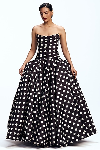 Black Mikado Polka Dot Strapless Draped Gown by Gauri and Nainika
