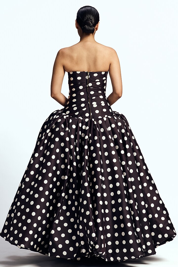 Black Mikado Polka Dot Strapless Draped Bridal Gown by Gauri and Nainika at Pernia's Pop Up Shop