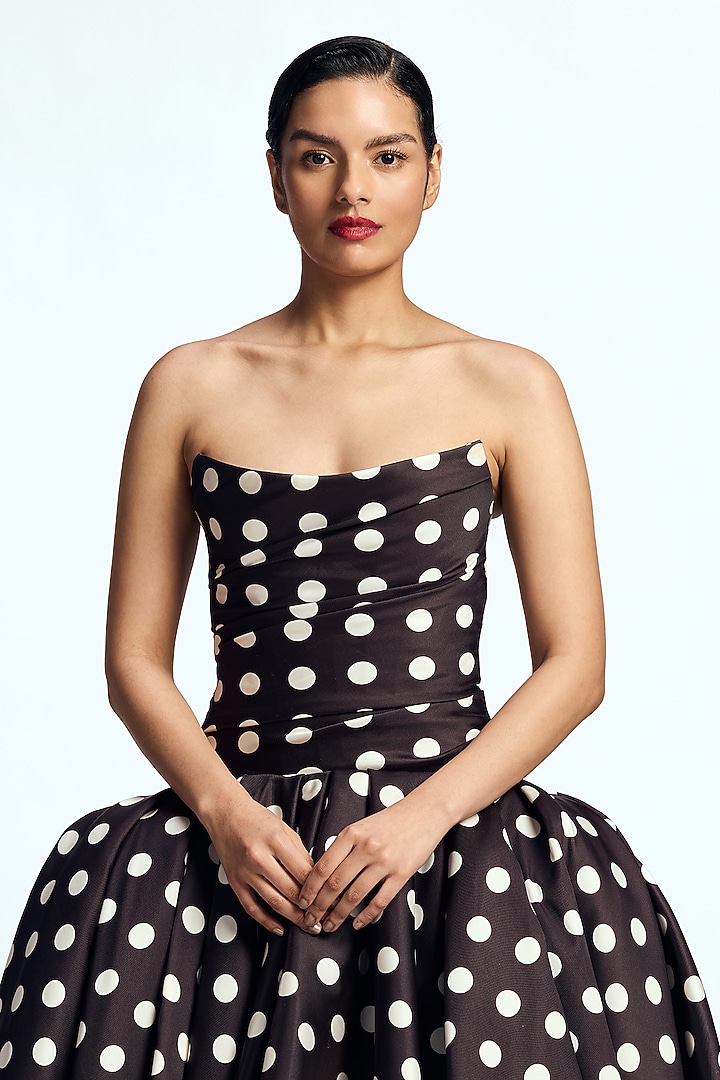 Black Mikado Polka Dot Strapless Draped Bridal Gown by Gauri and Nainika at Pernia's Pop Up Shop