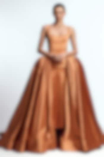 Amber Orange Dutch Satin Structured Column Bridal Gown by Gauri and Nainika at Pernia's Pop Up Shop