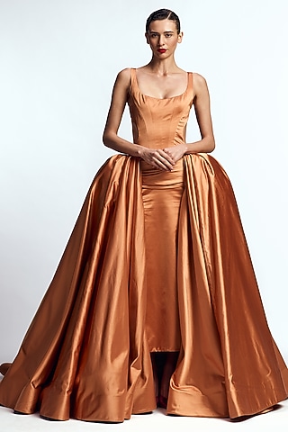 Amber Orange Dutch Satin Structured Column Gown by Gauri and Nainika