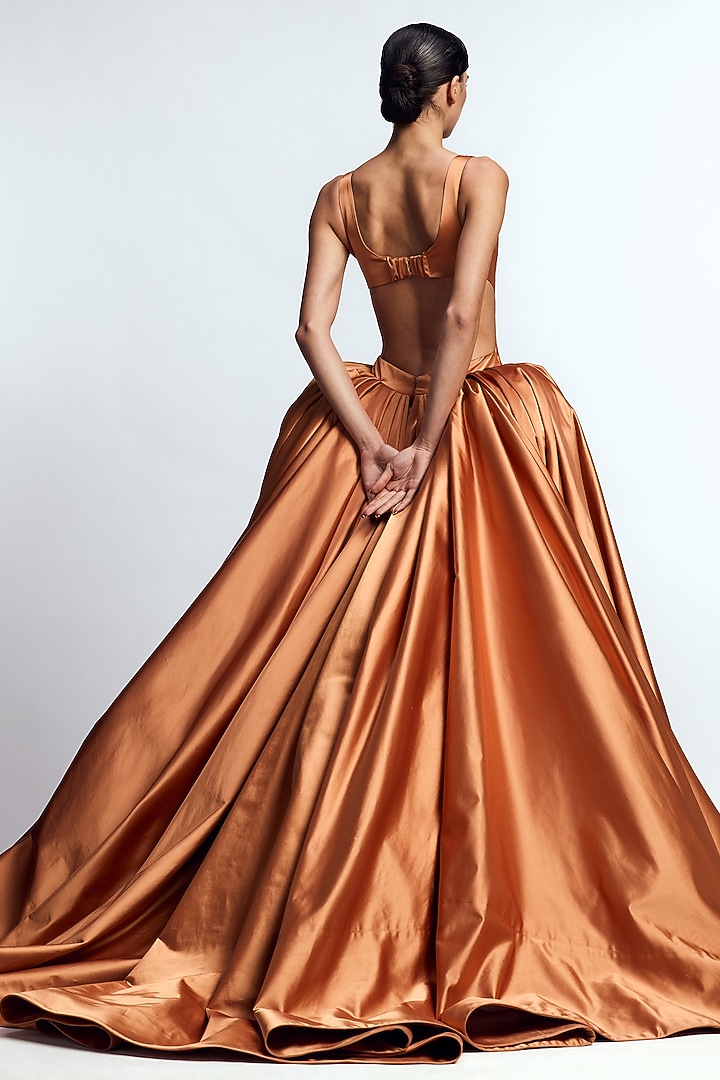 Amber Orange Dutch Satin Structured Column Bridal Gown by Gauri and Nainika at Pernia's Pop Up Shop