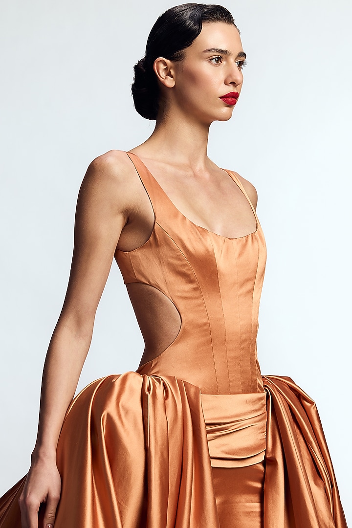 Amber Orange Dutch Satin Structured Column Bridal Gown by Gauri and Nainika at Pernia's Pop Up Shop