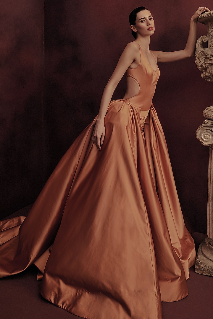 Amber Orange Dutch Satin Structured Column Bridal Gown by Gauri and Nainika at Pernia's Pop Up Shop