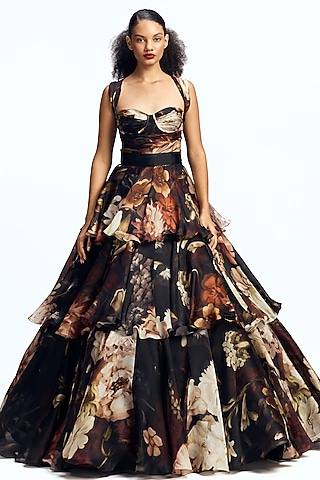 Multi-Colored Pure Satin Organza Tiered Draped Gown by Gauri and Nainika
