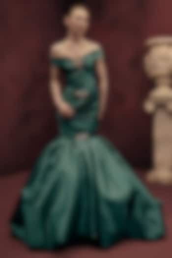 Posy Green Dutch Satin Off-Shoulder Mermaid Bridal Gown by Gauri and Nainika at Pernia's Pop Up Shop