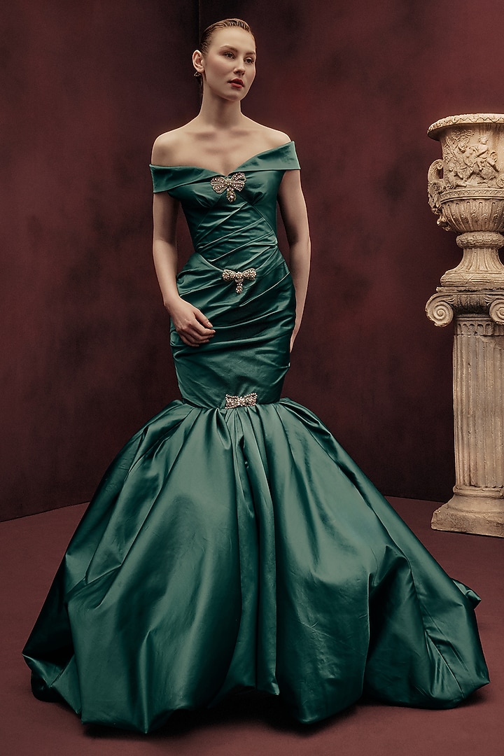 Posy Green Dutch Satin Off-Shoulder Mermaid Bridal Gown by Gauri and Nainika at Pernia's Pop Up Shop