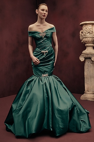 Posy Green Dutch Satin Off-Shoulder Mermaid Gown by Gauri and Nainika