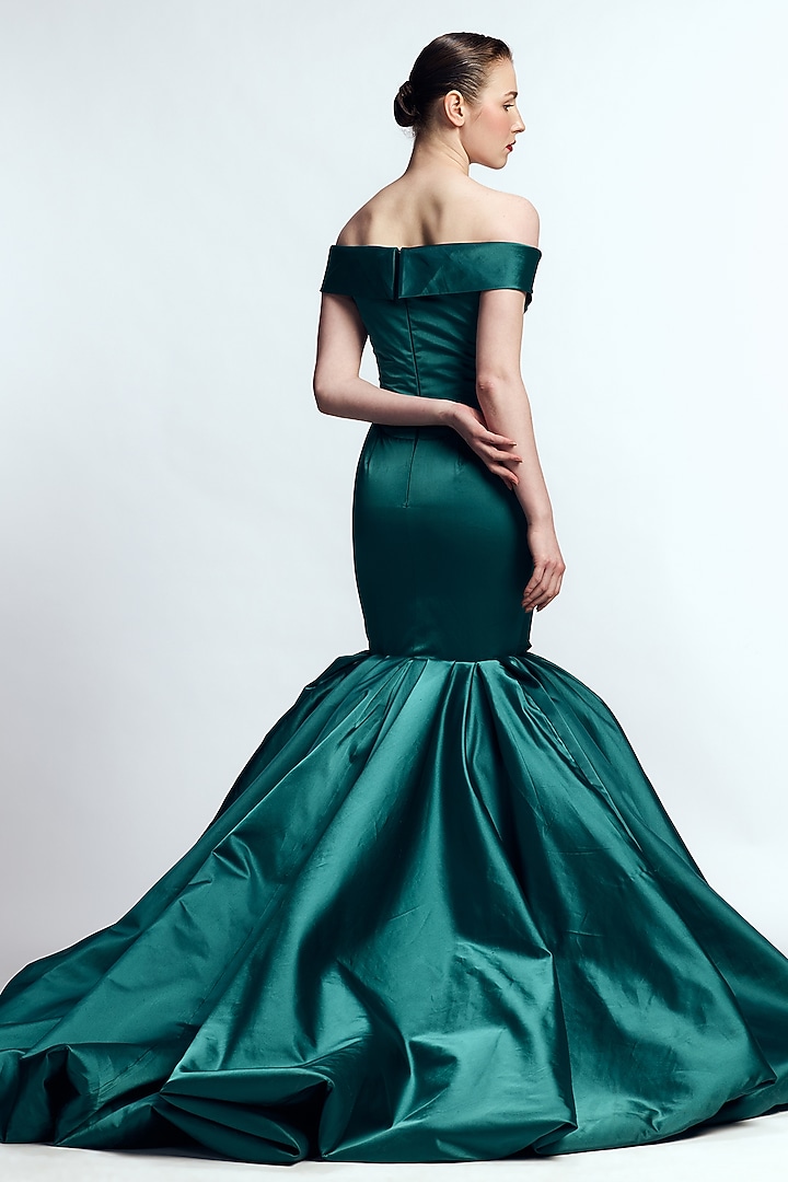 Posy Green Dutch Satin Off-Shoulder Mermaid Bridal Gown by Gauri and Nainika at Pernia's Pop Up Shop