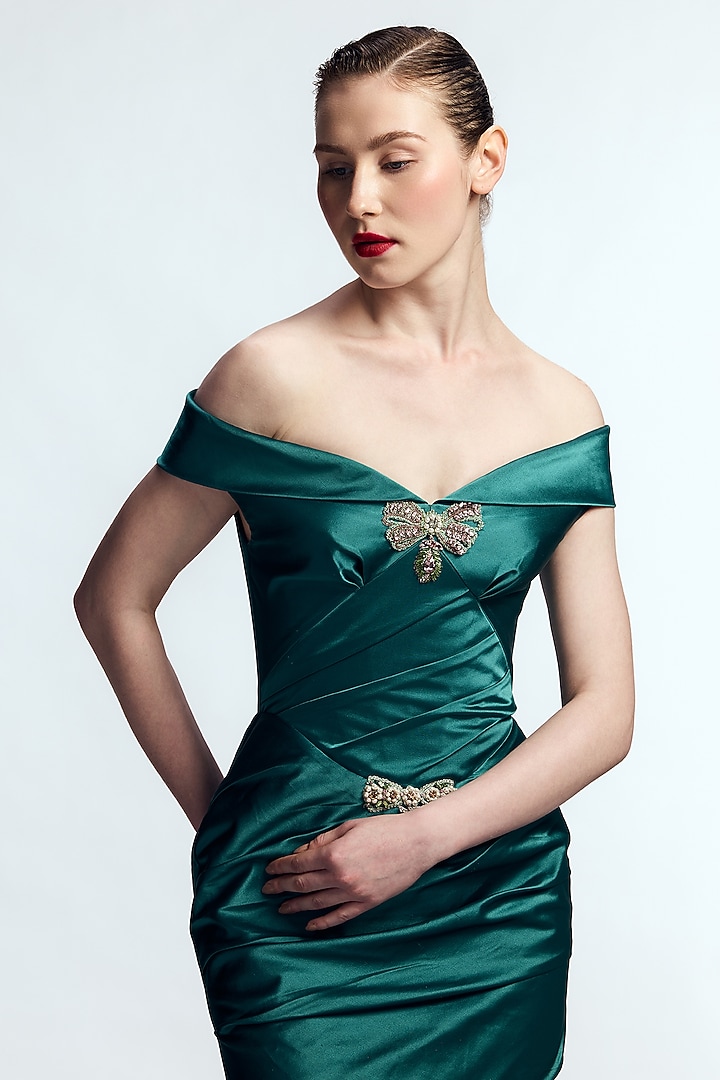 Posy Green Dutch Satin Off-Shoulder Mermaid Bridal Gown by Gauri and Nainika at Pernia's Pop Up Shop