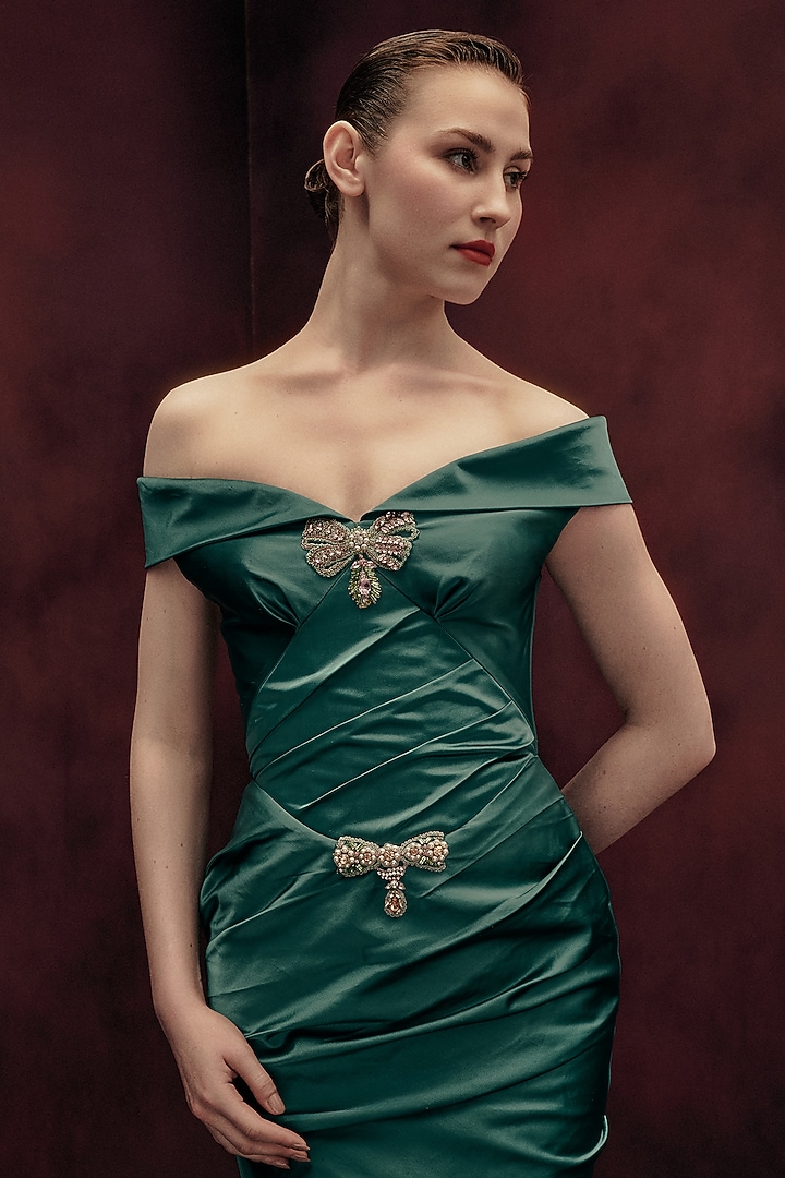 Posy Green Dutch Satin Off-Shoulder Mermaid Bridal Gown by Gauri and Nainika at Pernia's Pop Up Shop