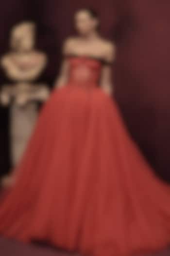 Red Tulle Crystal Embroidered Corseted Bridal Gown by Gauri and Nainika at Pernia's Pop Up Shop