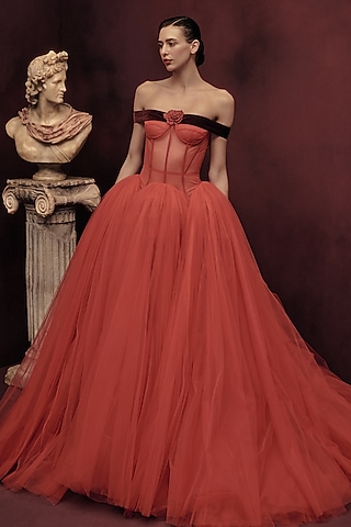 Red Tulle Crystal Embroidered Corseted Gown by Gauri and Nainika