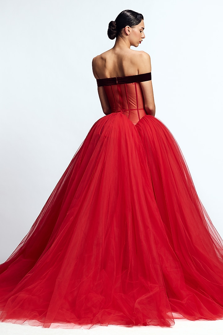 Red Tulle Crystal Embroidered Corseted Bridal Gown by Gauri and Nainika at Pernia's Pop Up Shop