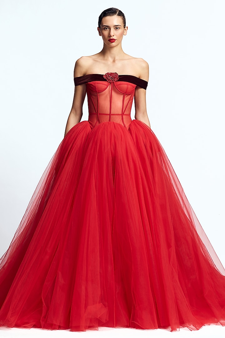 Red Tulle Crystal Embroidered Corseted Bridal Gown by Gauri and Nainika at Pernia's Pop Up Shop