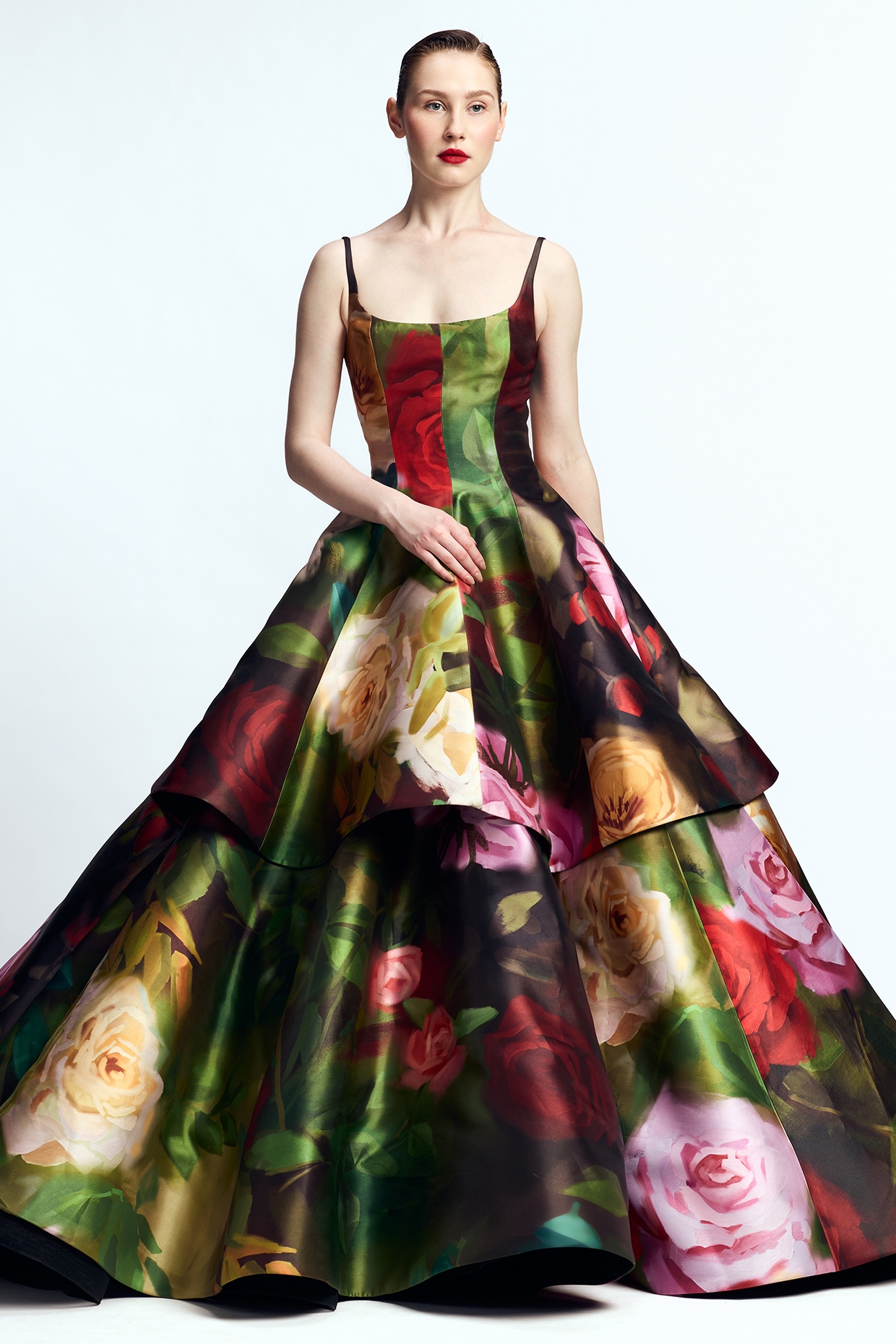 Gauri And Nainika Green & Red Mikado Printed Flared Gown