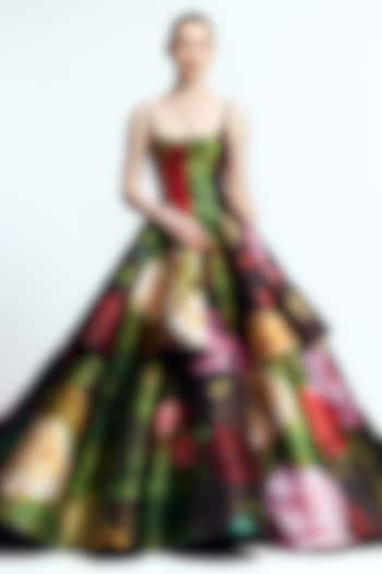 Green & Red Mikado Printed Flared Bridal Gown by Gauri And Nainika at Pernia's Pop Up Shop