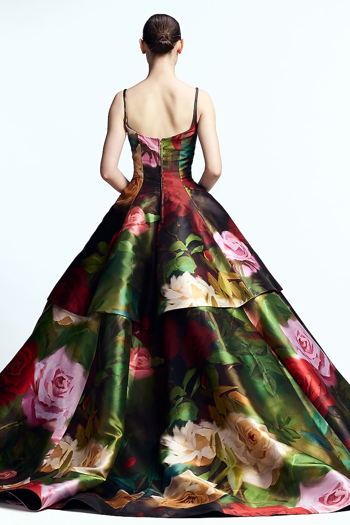 Green & Red Mikado Printed Flared Bridal Gown by Gauri And Nainika at Pernia's Pop Up Shop