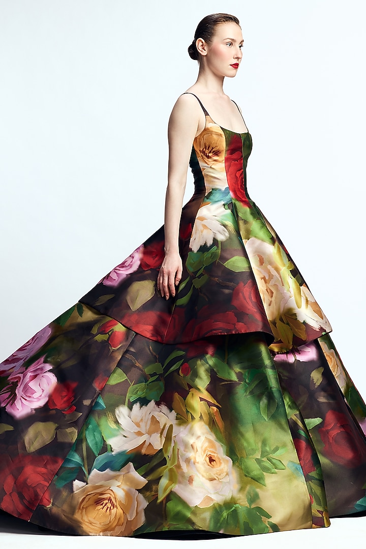 Green & Red Mikado Printed Flared Bridal Gown by Gauri And Nainika at Pernia's Pop Up Shop