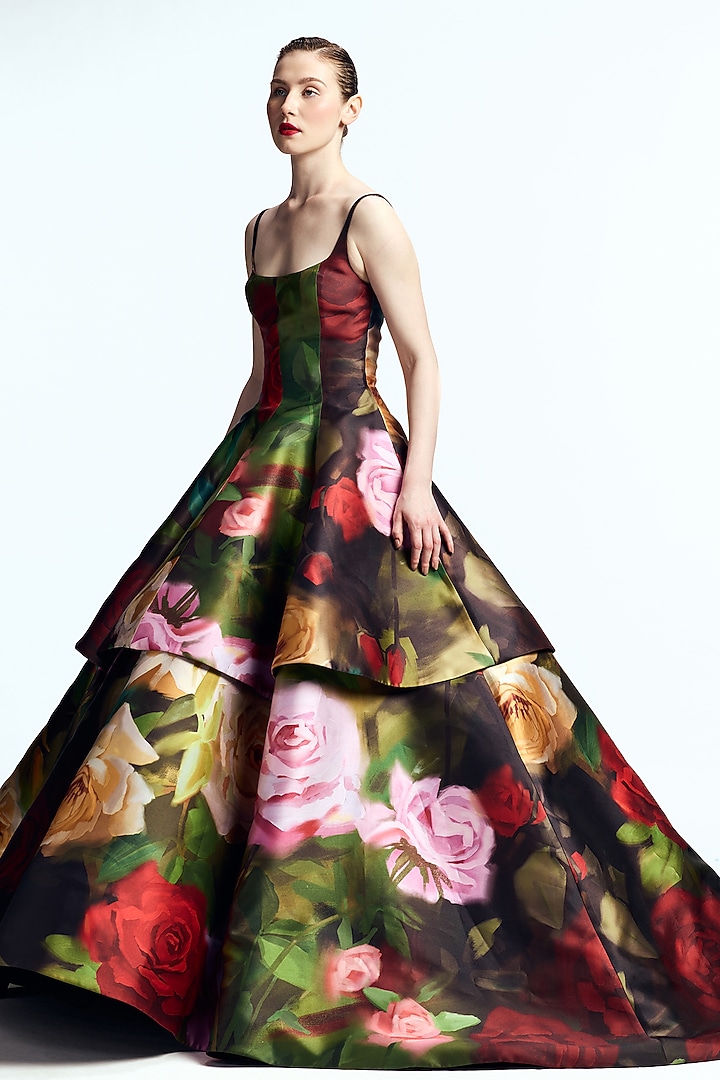 Green & Red Mikado Printed Flared Bridal Gown by Gauri And Nainika at Pernia's Pop Up Shop