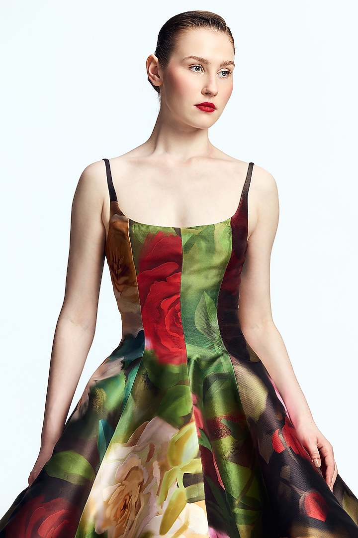 Green & Red Mikado Printed Flared Bridal Gown by Gauri And Nainika at Pernia's Pop Up Shop