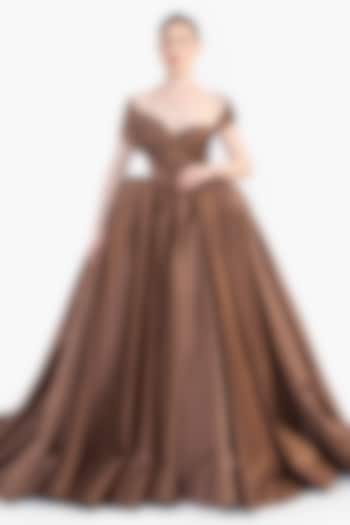 Truffle Brown Dutch Satin Off-Shoulder Draped Bridal Gown by Gauri and Nainika at Pernia's Pop Up Shop