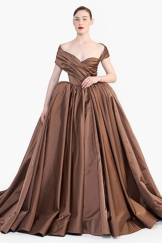 Truffle Brown Dutch Satin Off-Shoulder Draped Gown by Gauri and Nainika