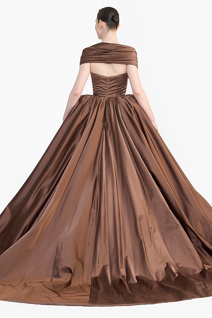 Truffle Brown Dutch Satin Off-Shoulder Draped Bridal Gown by Gauri and Nainika at Pernia's Pop Up Shop