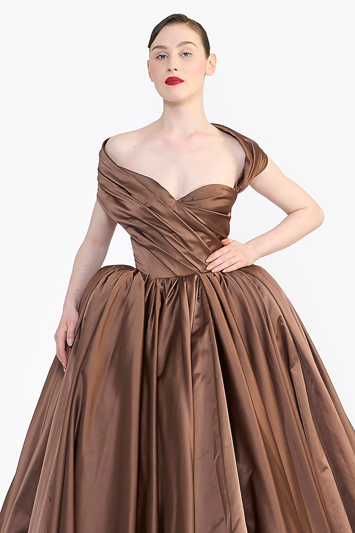 Truffle Brown Dutch Satin Off-Shoulder Draped Bridal Gown by Gauri and Nainika at Pernia's Pop Up Shop