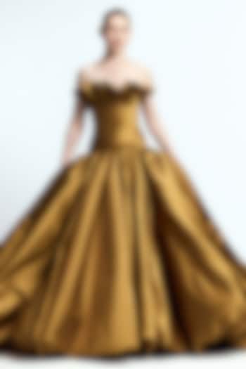 Bronze Dutch Satin Structured Bridal Gown by Gauri and Nainika at Pernia's Pop Up Shop