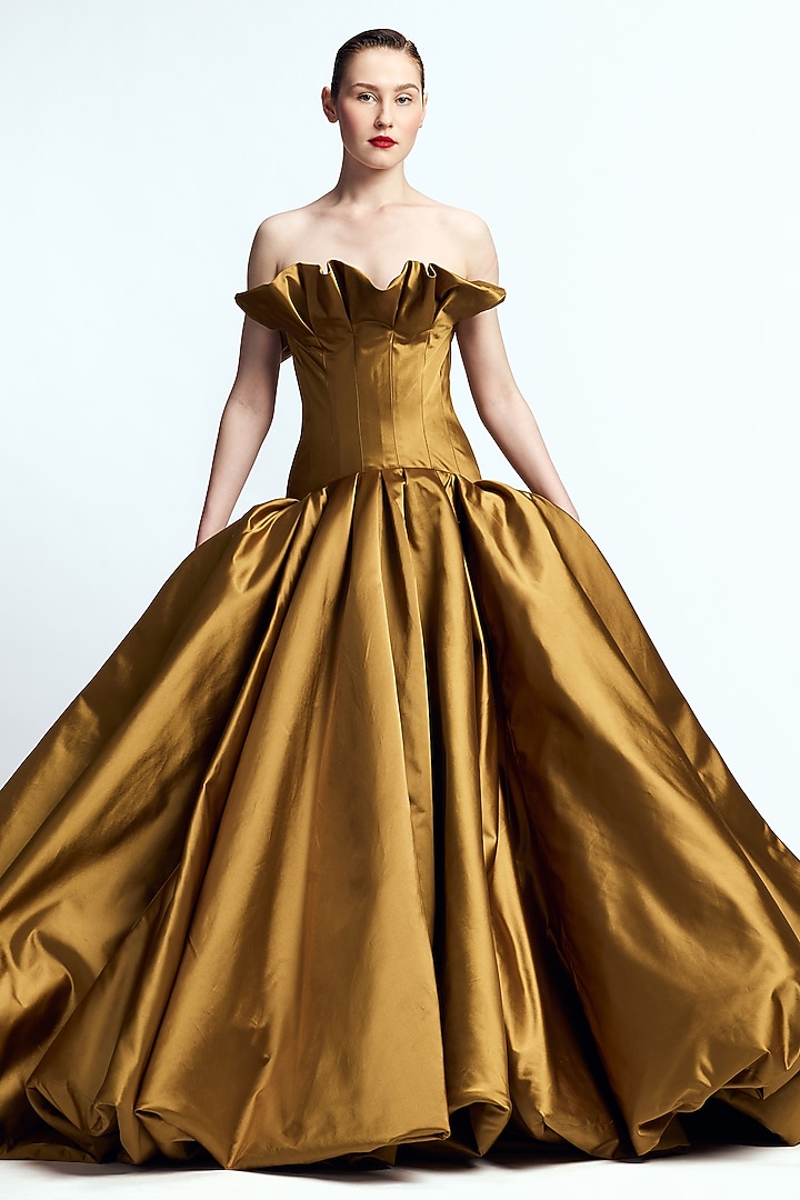 Bronze Dutch Satin Structured Bridal Gown by Gauri and Nainika at Pernia's Pop Up Shop