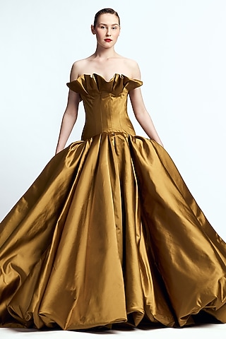 Bronze Dutch Satin Structured Gown by Gauri and Nainika