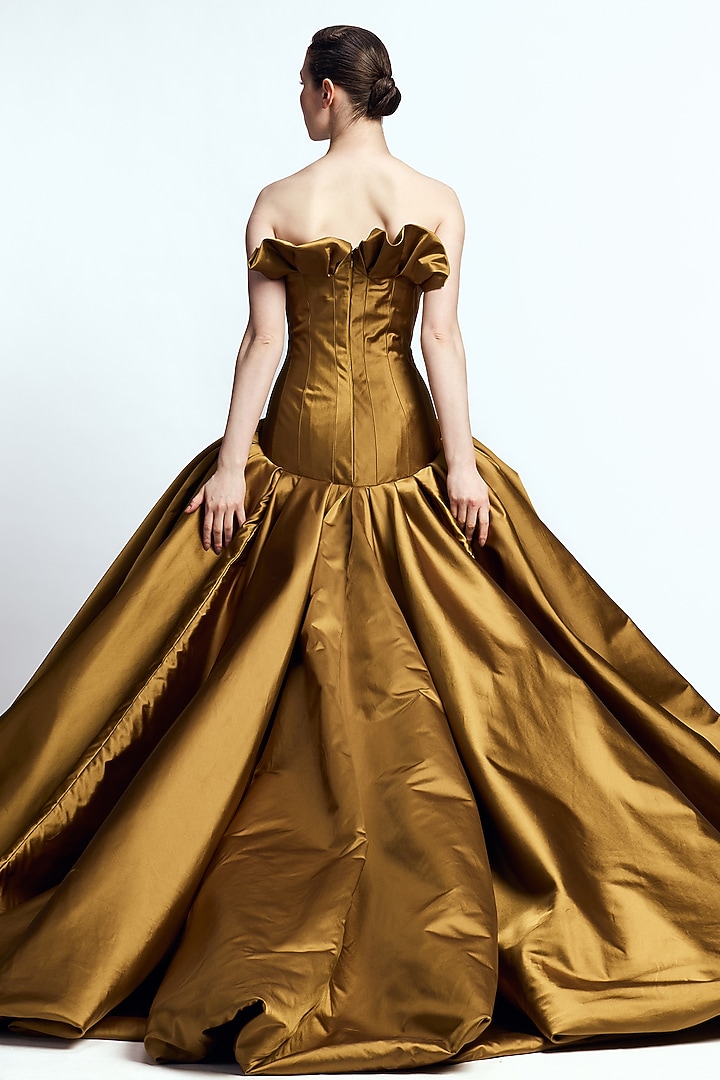 Bronze Dutch Satin Structured Bridal Gown by Gauri and Nainika at Pernia's Pop Up Shop