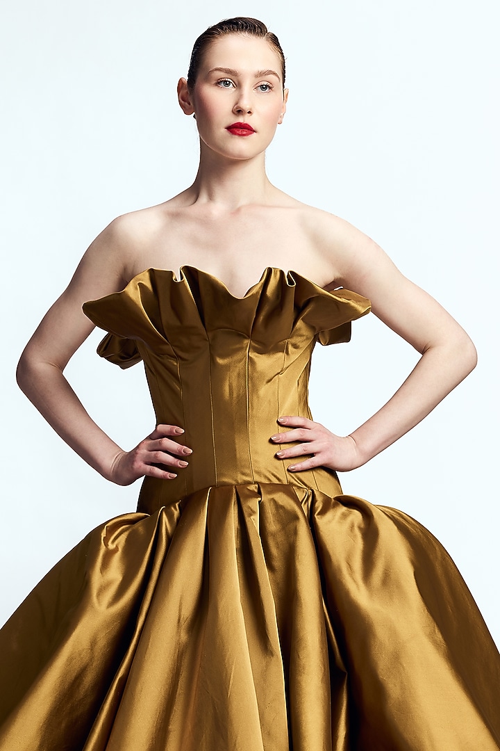 Bronze Dutch Satin Structured Bridal Gown by Gauri and Nainika at Pernia's Pop Up Shop