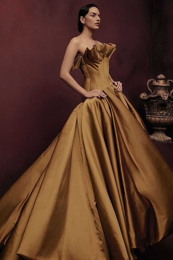 Bronze Dutch Satin Structured Bridal Gown by Gauri and Nainika at Pernia's Pop Up Shop