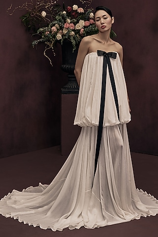 Ivory Chiffon Strapless Balloon Gown by Gauri and Nainika