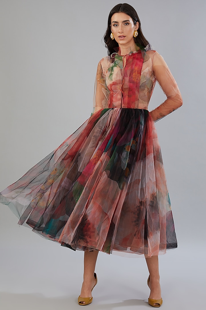 Multi-Colored Net Printed Dress by Gauri And Nainika
