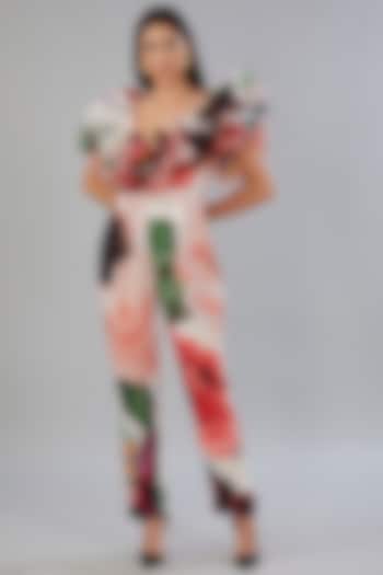 Multi-Colored Organza & French Crepe Printed Tapered Jumpsuit Set by Gauri And Nainika