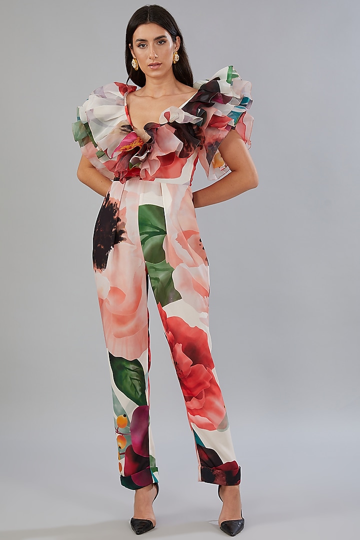 Multi-Colored Organza & French Crepe Printed Tapered Jumpsuit Set by Gauri And Nainika