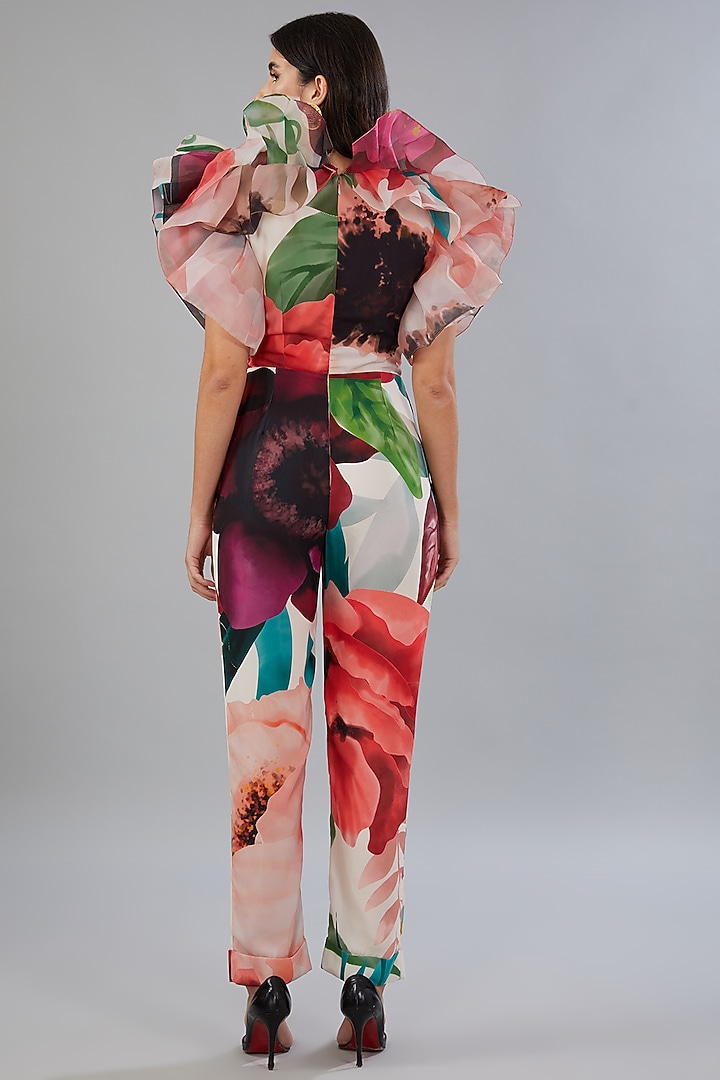 Multi-Colored Organza & French Crepe Printed Tapered Jumpsuit Set by Gauri And Nainika at Pernia's Pop Up Shop
