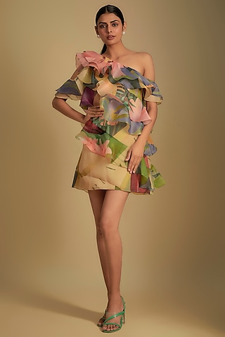 Beige Organza Tulip Printed One-Shoulder Dress by Gauri And Nainika