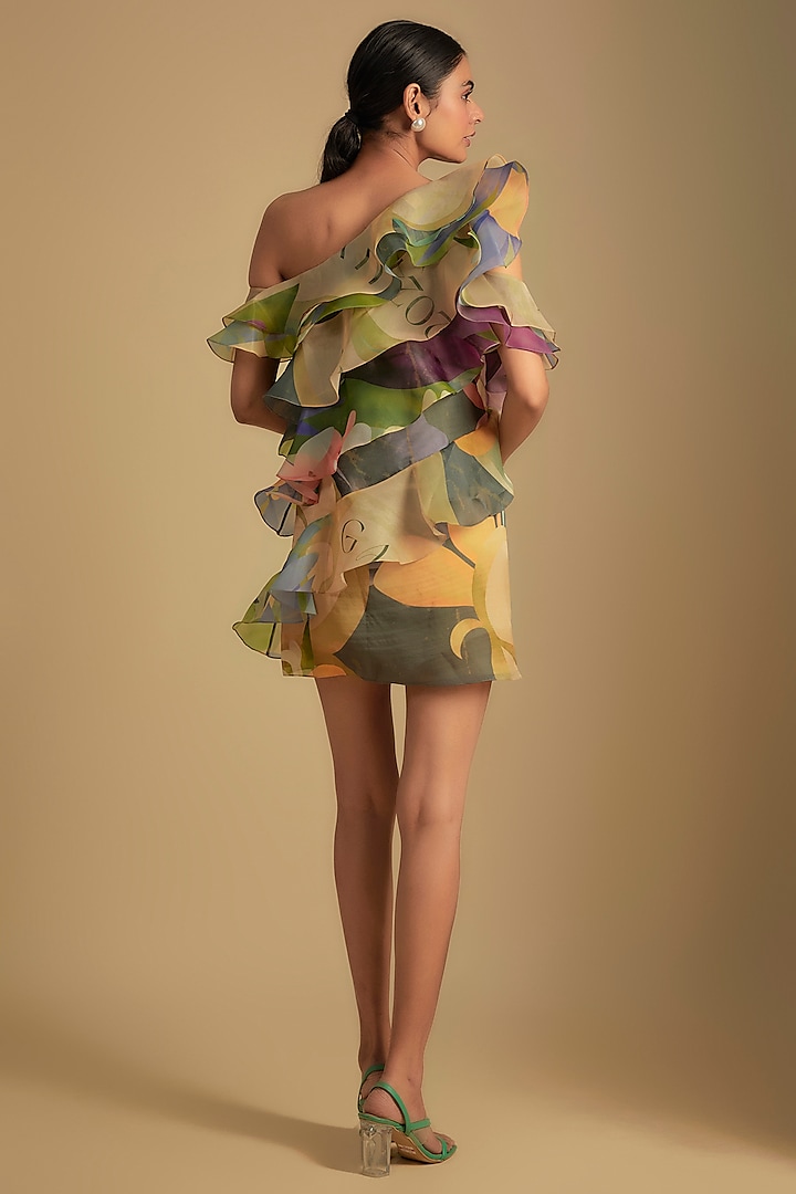 Beige Organza Tulip Printed One-Shoulder Cocktail Dress by Gauri And Nainika at Pernia's Pop Up Shop