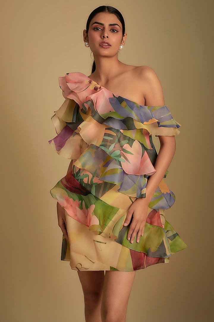 Beige Organza Tulip Printed One-Shoulder Cocktail Dress by Gauri And Nainika at Pernia's Pop Up Shop