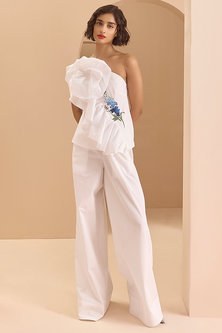 White Poplin Cotton Floral & Thread Embroidered Ruffled Co-Ord Set by Gauri and Nainika at Pernia's Pop Up Shop