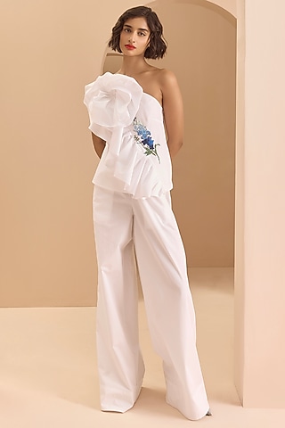 White Poplin Cotton Floral & Thread Embroidered Ruffled Co-Ord Set by Gauri and Nainika