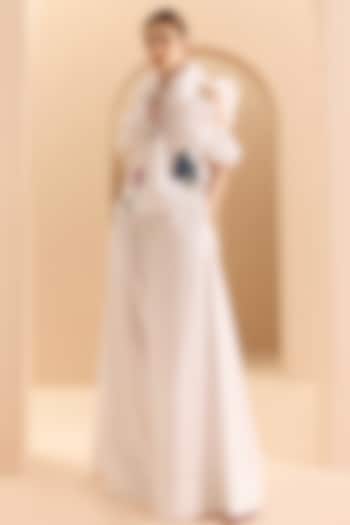 White Poplin Cotton Thread Embroidered Ruffled Co-Ord Set by Gauri and Nainika at Pernia's Pop Up Shop